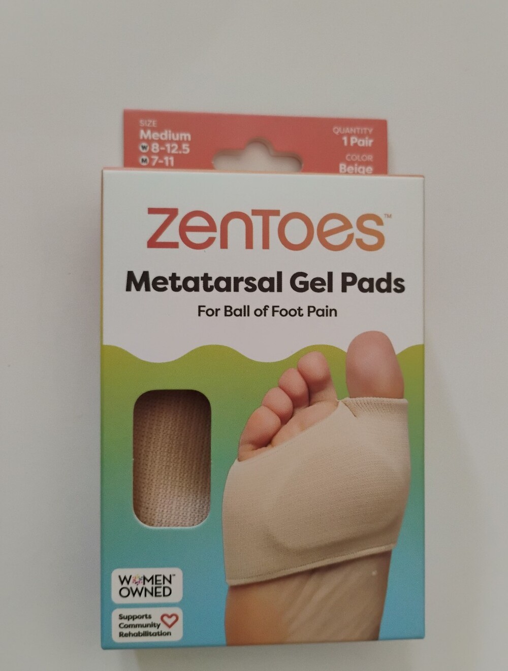 ZenToes Metatarsal Sleeve Gel Pads Cushion Ball of Foot, Size Medium, Beige